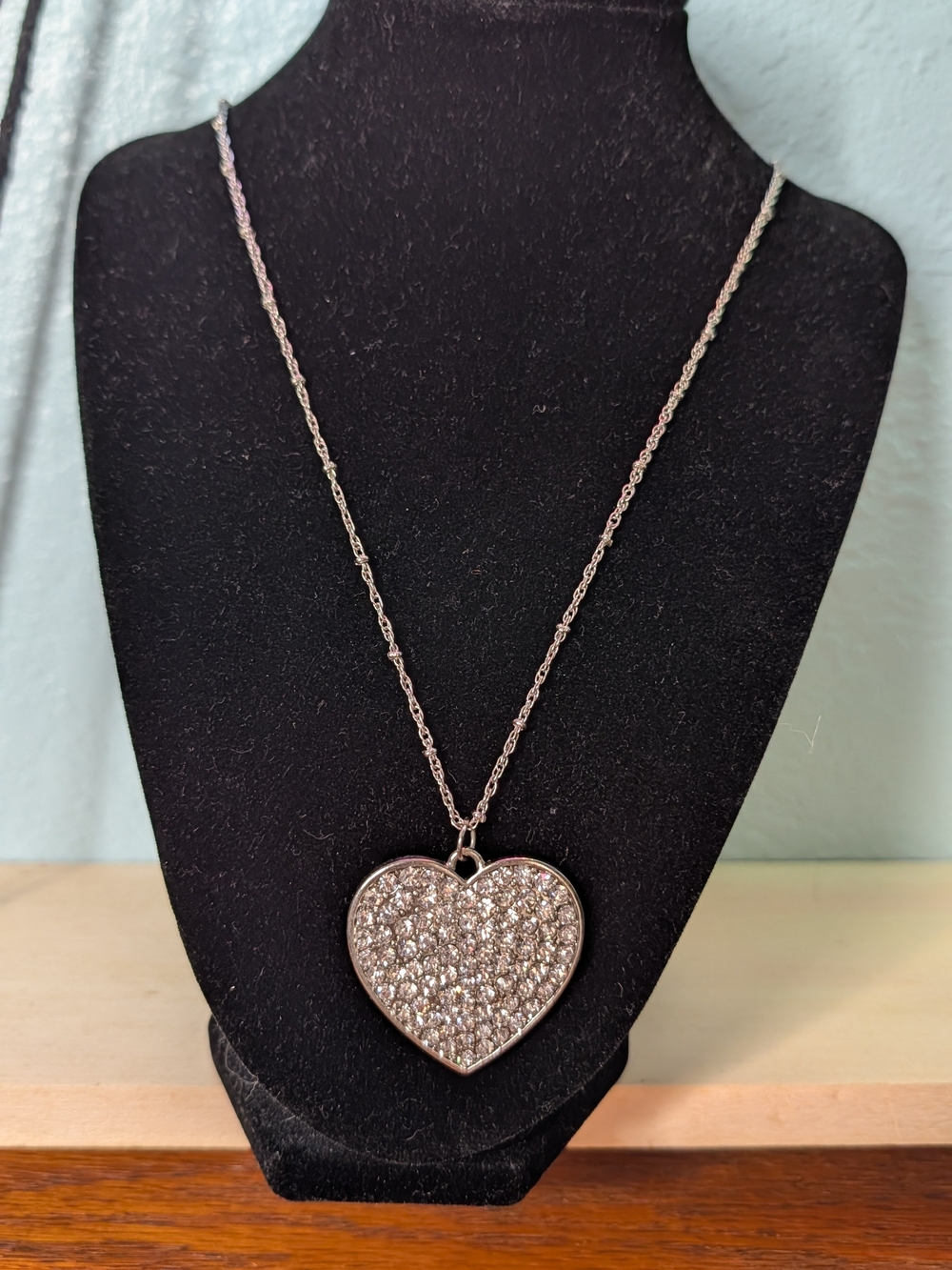 Vintage Flat Silver Pavé Rhinestone Crystal Heart Pendant Necklace